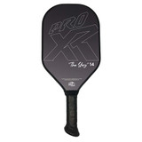ProXR "The Story" 14 Pickleball Paddle has a forehand fiberglass face and backhand carbon fiber face. Black background with large ProXR logos on each side, white outline and details on the fiberglass side, with yellow outline on the backhand side.
