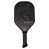ProXR "The Story" 14 Pickleball Paddle has a forehand fiberglass face and backhand carbon fiber face. Black background with large ProXR logos on each side, white outline and details on the fiberglass side, with yellow outline on the backhand side.