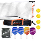 Rally Flare 4 paddle bundled set with a net, balls, paddles, and a drawstring bag