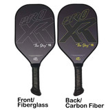 ProXR "The Story" 16 Pickleball Paddle highlights a forehand fiberglass face and backhand carbon fiber face. Black background with large ProXR logos on each side, white outline and details on the fiberglass side, with yellow outline on the backhand side.