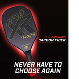 ProXR "The Story" 16 Pickleball Paddle highlights a forehand fiberglass face and backhand carbon fiber face. Black background with large ProXR logos on each side, white outline and details on the fiberglass side, with yellow outline on the backhand side.
