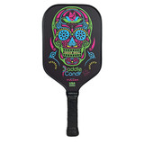 The Daniel De La Rosa Signature Edition Pickleball Paddle from Paddle Candy showcases a bright, sugar skull design on the face, with  the Paddle Candy logo.  Features an elongated handle and tapered neck for an aerodynamic feel.