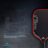 The Diadem Warrior Edge Carbon Fiber Pickleball Paddle features a red and black 2-sided design with an etched graphite paddle face and 16mm thick polymer core, with comfort max grip.