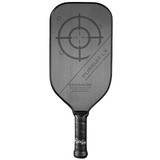 Pursuit LX Graphite Pickleball Paddle by Engage features a gray background, with target design and the name of the paddle printed diagonally across the front. The Engage logo is printed horizontally across the paddle throat.