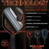 The V740 MAX Pickleball Paddle by Vulcan has a carbon-fiberglass face with StateraCore poly honeycomb core and an extended handle in stylish black and gold design.