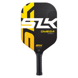 The Selkirk SLK Omega Max Paddle features a black paddle background with either yellow or blue SLK logo down the side with a large, white SLK logo across the center in the foreground.