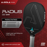 The Radius CGS 16 Graphite Paddle from JOOLA has a table-tennis inspired shape and is available in black with long-lasting Carbon-Flex5 textured surface, featuring the JOOLA brand logo prominently on the face.