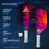 The Ben Johns Hyperion CAS 13.5 Graphite Pickleball Paddle from JOOLA has a Carbon Abrasion surface which features an abstract design with pink, purple and orange and the JOOLA logo on the front.