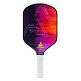The Ben Johns Hyperion CAS 13.5 Graphite Pickleball Paddle from JOOLA has a Carbon Abrasion surface which features an abstract design with pink, purple and orange and the JOOLA logo on the front.