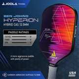 The Ben Johns Hyperion CAS 13.5 Graphite Pickleball Paddle from JOOLA has a Carbon Abrasion surface which features an abstract design with pink, purple and orange and the JOOLA logo on the front.