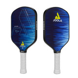 The Ben Johns Hyperion CAS 16 Graphite Paddle from JOOLA  has a Carbon Abrasion surface which features an abstract design in shades of blue and the JOOLA logo on the face of the paddle.