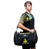 The JOOLA Vision II Duffle Bag is constructed of polyester with durable outside and sleek interior. It features the JOOLA logo and multiple compartments; available in black or blue.