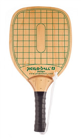 Swinger Pickleball Paddle-durable wood paddle with green checkerboard design, black handle wrap and wrist strap.