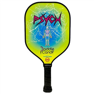 Paddle Candy Psych Paddle featuring a skeleton with a neon green glow amid a field of wild lightning bolts. The "Psych" name is printed in a sharp, equally electric style in magenta and black.