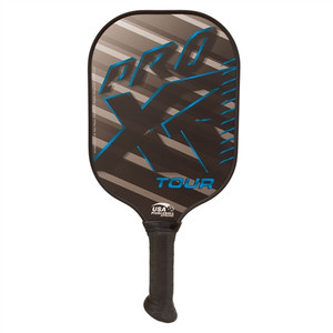 The ProXR Tour Graphite Pickleball Paddle features a black, gray, and blue color scheme, and innovative XR-23 handle design. Available in 3 weight options ranging from 8.2 ounces to 9.6 ounces.