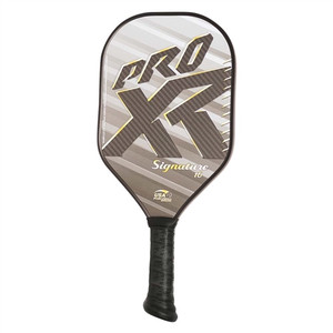 The ProXR Signature 16 Pickleball Paddle features a gold and grey graphic design on a 3k carbon fiber weave face and 16mm thick core. Ranging in weight from 8.0 to 8.4 ounces, with a 5.5" handle length to allow room for double handed shots.