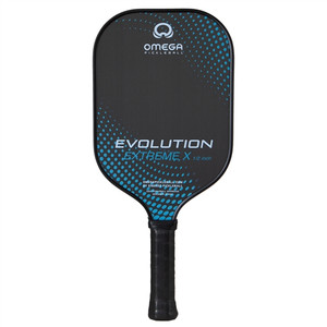 The Omega Evolution Extreme X  Paddle by Engage Pickleball  features the Extreme X name on the front, and solid black background accented by a gradient pattern of dots. Elongated 16.5" shape, in 13mm or 16mm core thickness options.