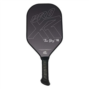 ProXR "The Story" 16 Pickleball Paddle highlights a forehand fiberglass face and backhand carbon fiber face. Black background with large ProXR logos on each side, white outline and details on the fiberglass side, with yellow outline on the backhand side.