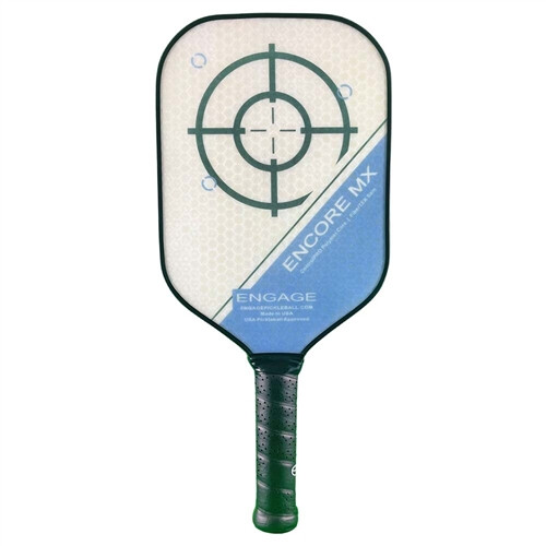 The Encore MX Elongated Paddle by Engage Pickleball is offered in blue, purple, and red color options, as well as two weight options per color.