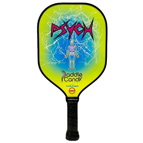 Paddle Candy Psych Paddle featuring a skeleton with a neon green glow amid a field of wild lightning bolts. The "Psych" name is printed in a sharp, equally electric style in magenta and black.