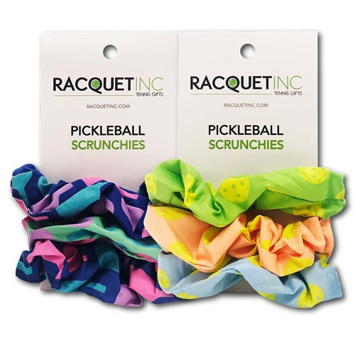 Pickleball Scrunchies are available in 2 designs including pickleballs or paddles, and each pack contains three different colors.