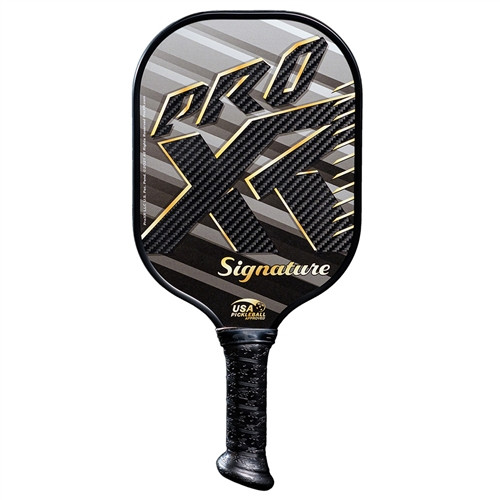 The ProXR Signature Graphite Pickleball Paddle features a gold and black graphic design, and the unique XR-23 angled handle cap design. Available in 3 weight options ranging from 8.2 ounces all the way up to 9.6 ounces.
