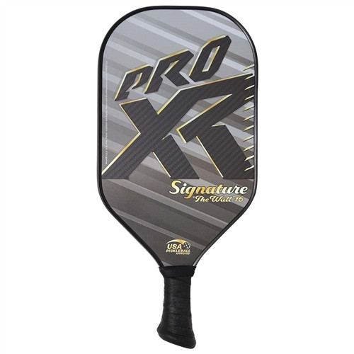 The ProXR Signature "The Wall" 16  Pickleball Paddle features a grey and gold graphic design on a 3k carbon fiber weave face and 16mm poly core. Short 4-inch handle is great for players with a table tennis style grip. Weight ranges from 8.0 - 8.4 ounces.