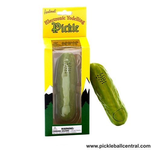 Green plastic pickle that yodels a silly tune, includes batteries