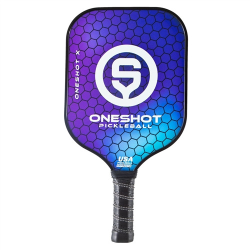 Oneshot X Composite Pickleball Paddle with a polypropylene core and fiberglass face. Available in black or blue.