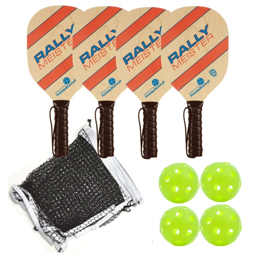 Rally Meister Beginners Set -Four wood paddles, net, and balls.