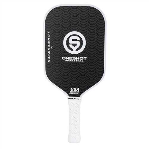 Oneshot Katanashot Carbon Fiber Pickleball Paddle featuring a black paddle background and white Oneshot logo and the Katanashot name down the side. White perforated grip