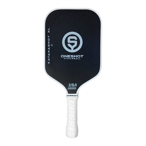 Katanashot XL Paddle by Oneshot Pickleball featuring a black carbon face and white logo, edge guard, and grip
