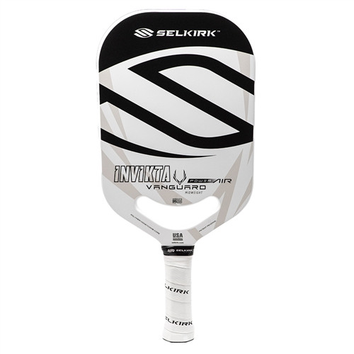 The Selkirk VANGUARD Power Air Invikta Paddle is available in white, with your choice of red or black accent color options, and one weight. Features aerodynamic opening in the throat, and Selkirk logo and model name across the textured paddle face.