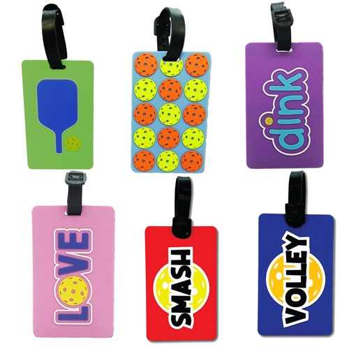 Pickleball luggage tag available in 4 designs including pickelballs, paddle, LOVE or dink.