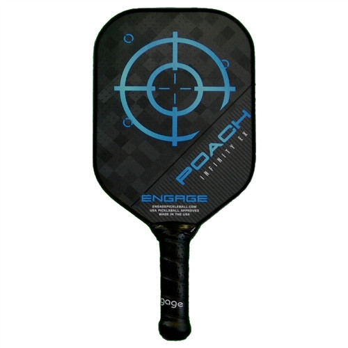 The Poach Infinity EX Composite Pickleball Paddle paddle by Engage Pickleball is offered in blue, green, purple, and red colors, as well as two weight ranges.