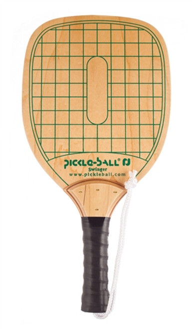 Swinger Pickleball Paddle-durable wood paddle with green checkerboard design, black handle wrap and wrist strap.