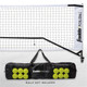 Black and white Franklin Pickleball Portable Net System with wheels and a durable steel frame is easy to set up and move around. Includes black weather-resistant carrying and storage bag.