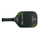 The Omega Evolution Pro Paddle by Engage Pickleball has a textured fiberglass face and 16mm core.  The Omega logo and Evolution Pro name are on the face, with a black background and accented with a circular gradient pattern of lime green dots.