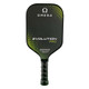 The Omega Evolution Pro Paddle by Engage Pickleball has a textured fiberglass face and 16mm core.  The Omega logo and Evolution Pro name are on the face, with a black background and accented with a circular gradient pattern of lime green dots.