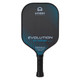 The Omega Evolution Extreme  Paddle by Engage Pickleball showcases a black paddle background with Omega logo and Evolution Extreme name on the front. Accented by a gradient pattern of dots. Traditional shape, 13mm or 16mm core thickness options.