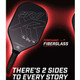 ProXR "The Story" 14 Pickleball Paddle has a forehand fiberglass face and backhand carbon fiber face. Black background with large ProXR logos on each side, white outline and details on the fiberglass side, with yellow outline on the backhand side.