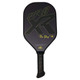 ProXR "The Story" 14 Pickleball Paddle has a forehand fiberglass face and backhand carbon fiber face. Black background with large ProXR logos on each side, white outline and details on the fiberglass side, with yellow outline on the backhand side.
