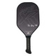 ProXR "The Story" 16 Pickleball Paddle highlights a forehand fiberglass face and backhand carbon fiber face. Black background with large ProXR logos on each side, white outline and details on the fiberglass side, with yellow outline on the backhand side.