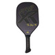 ProXR "The Story" 16 Pickleball Paddle highlights a forehand fiberglass face and backhand carbon fiber face. Black background with large ProXR logos on each side, white outline and details on the fiberglass side, with yellow outline on the backhand side.