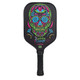 The Daniel De La Rosa Signature Edition Pickleball Paddle from Paddle Candy showcases a bright, sugar skull design on the face, with  the Paddle Candy logo.  Features an elongated handle and tapered neck for an aerodynamic feel.