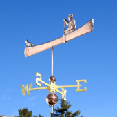 Man and Dachshund in Canoe Cabin Decor