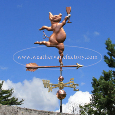 Party Pig with Wine Glass Copper Weathervane