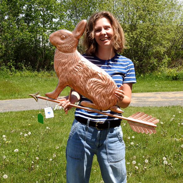 Riley holding Rabbit Weather Vane for Size Reference