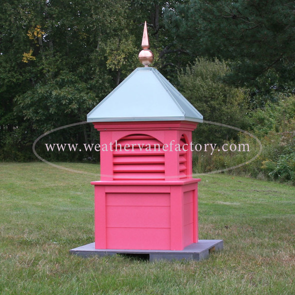 Conway Louvered Color Cupola shown in pink with light green patina roof
