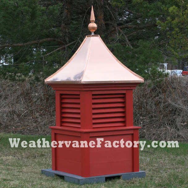 Bedford Louvered Color Cupola shown in red with copper top and copper finial